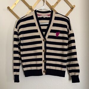 LOFT Navy and Cream Striped V-Neck Cardigan with Pink Heart